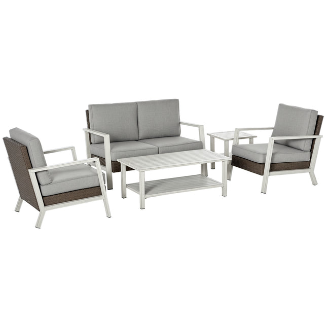 Aluminium Patio Meubelstel, 5 Stuk Moderne Buiteluggesprekstel met Tweesitplekbank, Stoele, Kussings, Koffietafel en Sytafel, Grys