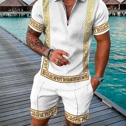 Men's Summer Fashion 3D Printed Short Sleeve Geometric Zip Lapel Shirt Set