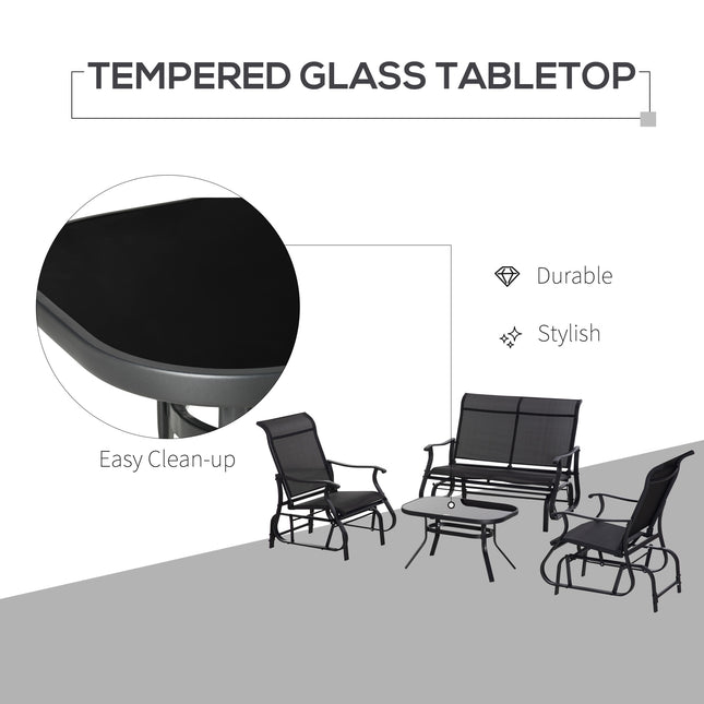 4 Stukke Gliervestel, Buitemeubelstelle met 2-Persoon Gliervoorstoel, Enkel Tuimelstoel en Glas Koffietafel vir Agterplaas, Grasperk en Tuin, Swart