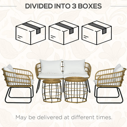5 Piece PE Rattan Outdoor Furniture Set with Cushioned Chairs, Loveseat Sofa & Stackable Coffee Tables, Cream White