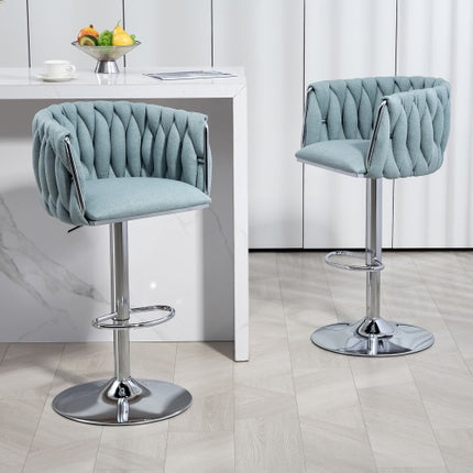 360-grade Draaibare Kroegstoele Met Stofbekleedsel, Stel Van 2, Verstelbare Kroegstoele Met Gevlegde Rugleuning En Voetstut, Silwer Verchroomde Kroegstoele Vir Kombuiseiland, Kafee, Kroeg