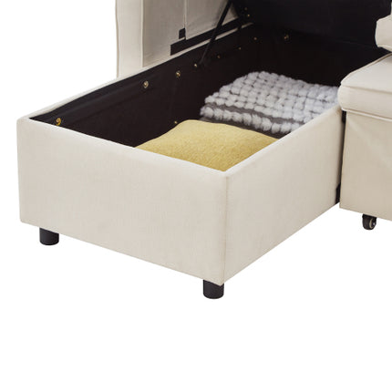 L-vormige Uittrekbare Slaapbank, Moderne Omkeerbare Slaapbank, 3-in-1 Omskakelbare Slaapbank met Bêre Chaise, Opvoubare Tafel, Bekerhouers en Laaipoorte