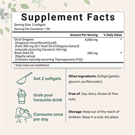 Oreganolie Met Swartsaadolie 6000mg Organiese Oreganolie Kapsules -Nie-GMO, Glutenvry 300 Sagte Gelkapsules