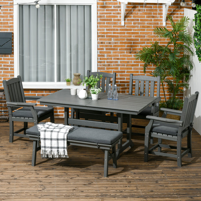 6-stuk Patio Eetkamerstel, 6-sitplek Buitetafel en -stoele, Gespreksmeubels, Armleunings, Liefdesbank, Eettafel met Sambreelgat, Kussings, Donkergrys