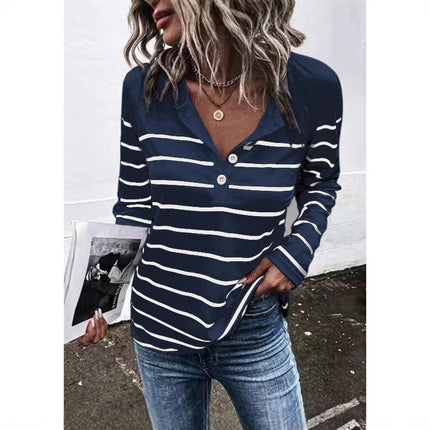 Striped Round Neck Button Casual Loose Long Sleeve