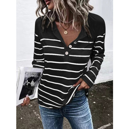 Striped Round Neck Button Casual Loose Long Sleeve