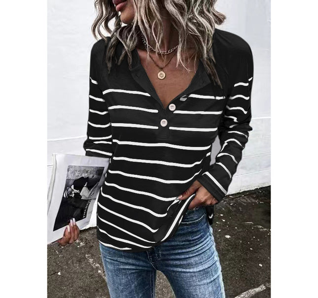 Striped Round Neck Button Casual Loose Long Sleeve