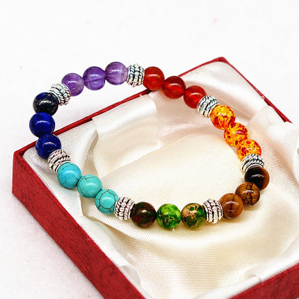Reiki antieke silwer natuurlike klip agaat tier kleurvolle kristalarmband sewe chakra Joga-armband