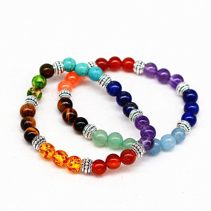 Reiki antieke silwer natuurlike klip agaat tier kleurvolle kristalarmband sewe chakra Joga-armband