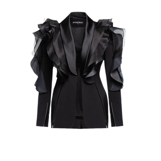 Black Three-dimensional Patchwork Ruffled Suit Asymmetric Slim Fit Slimming