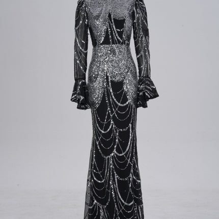Long Sleeve Round Neck Slim-fit Sheath Sequined Banquet Fishtail Evening Dress