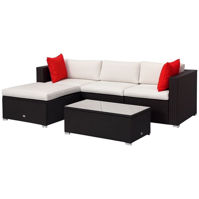 5-Stuk Patio Meubelstel met Kussings, Buitenste PE Rotting Wicker Bankstel, Seksionele Meubels met Kille, Glas Koffietafel vir Tuin, Agterplaas, Bruin/Roomwit