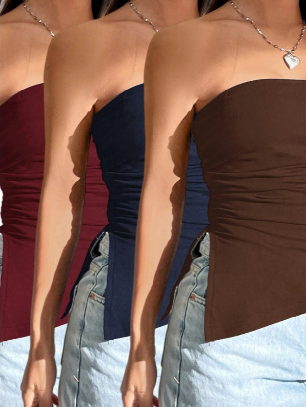 3pcs Women Solid Color Ruched Side Slit Hem Bandeau Cami Top
