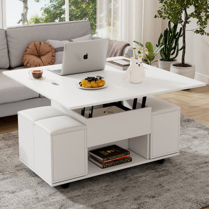 Opklapbare Koffietafel, Koffietafel Met Berging, Opklapblad Bank Eindtafels Vir Sitkamer Meubels, Wit