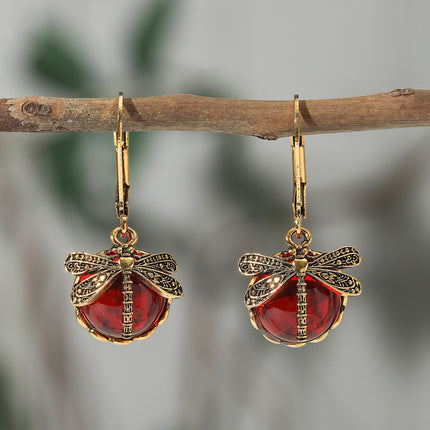 Creative Retro Dragonfly Green Crystal Pendant Earrings