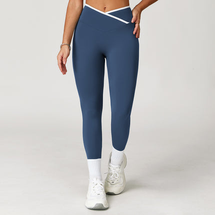 Nude Feel Skinny Yoga Pants Cross High Waist Contrast Color Women