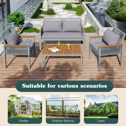 Tuin sitkamerstel, Tuinmeubelstel met gemaklike kussings, Dubbelbank, 2 Leunstoele en Tafel, Buite, Rottang, Tafel en Stoele, Grys