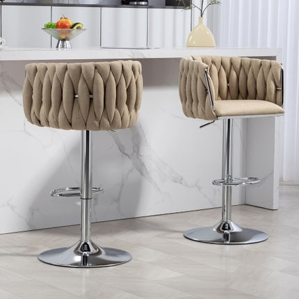 360-grade Draaibare Kroegstoele Met Stofbekleedsel, Stel Van 2, Verstelbare Kroegstoele Met Gevlegde Rugleuning En Voetstut, Silwer Verchroomde Kroegstoele Vir Kombuiseiland, Kafee, Kroeg