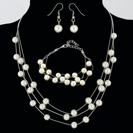 Alles-pas Soet En Elegante Bruid Bruidsmeisie Netwerk Pêrel Halssnoer Armband Oorringstel 3 Stuk Juweliersware Groothandel