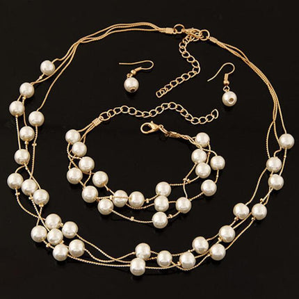Alles-pas Soet En Elegante Bruid Bruidsmeisie Netwerk Pêrel Halssnoer Armband Oorringstel 3 Stuk Juweliersware Groothandel