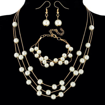 Alles-pas Soet En Elegante Bruid Bruidsmeisie Netwerk Pêrel Halssnoer Armband Oorringstel 3 Stuk Juweliersware Groothandel