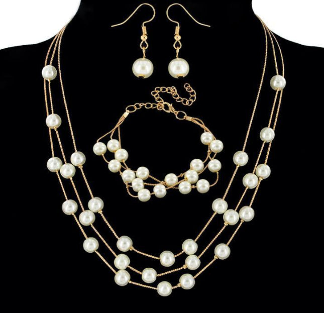 Alles-pas Soet En Elegante Bruid Bruidsmeisie Netwerk Pêrel Halssnoer Armband Oorringstel 3 Stuk Juweliersware Groothandel