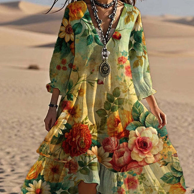 Fashion Flower Printed V-neck Mid-length Dress