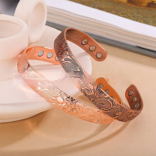 Dragon And Phoenix Pattern Vintage Solid Copper Magnetic Open-End Adjustable Bracelet For Men And Women
