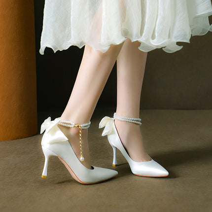 Stiletto Pointed Toe Pearls Strap High Heels