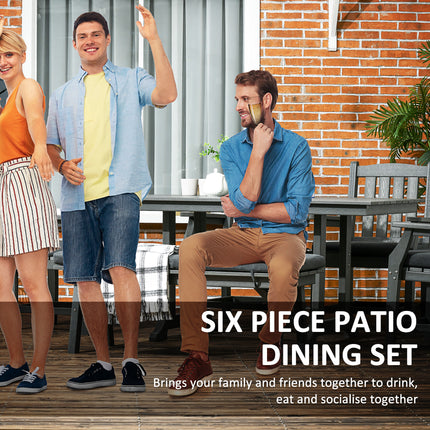 6 Pieces Patio Dining Set, 6 Seater Outdoor Table and Chairs, Conversation Furniture, Armrests, Loveseat Bench, Dinner Table with Umbrella Hole, Cushions, Dark Gray