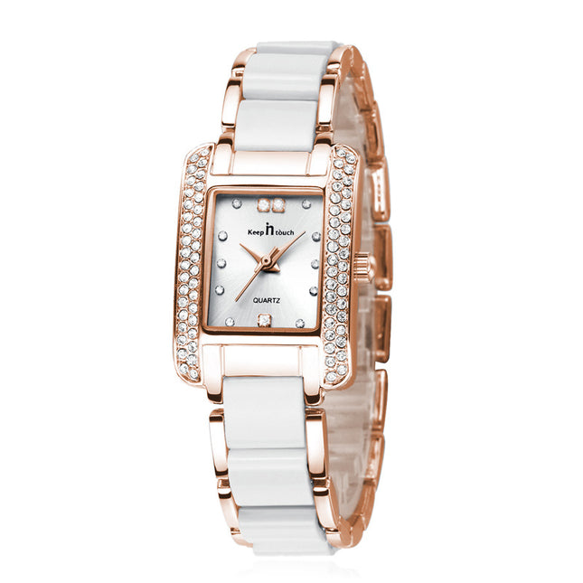 New Womens High End Quartz Square Watch With Ceramic Look And Diamond Accents