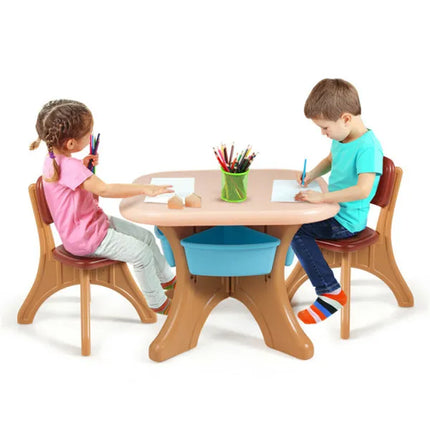 Bruin Kinder Tafel En 2 Stoele Stel Met 4 Bergingsbokse, Kleuteraktiwiteitstafel Vir Teken Speel Eet, Kinder Meubels Vir Binne Buite
