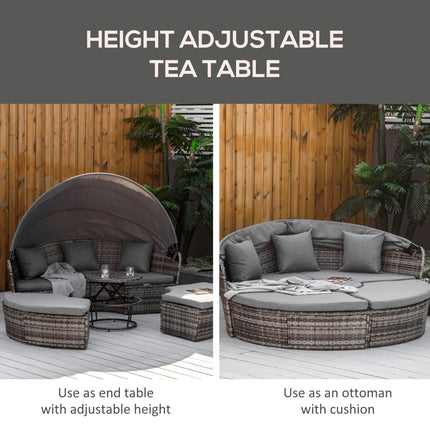 4-stuk Ronde Rottang Dagbed, Omskepbare Patio Meubelstel, Verstelbare Sonskerm, Afdeling Buitelugbank, 2 Stoele, Uitskuifbare Teetafel Ottoman Stoel, 3 Kussings, Grys