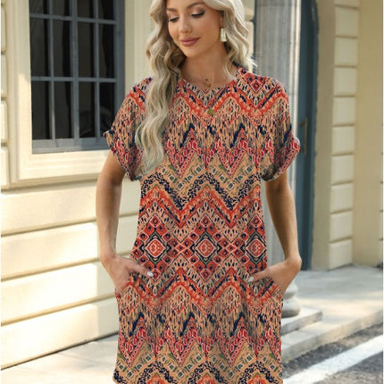 Loose Crew Neck Short Sleeve Printed Pocket Dress