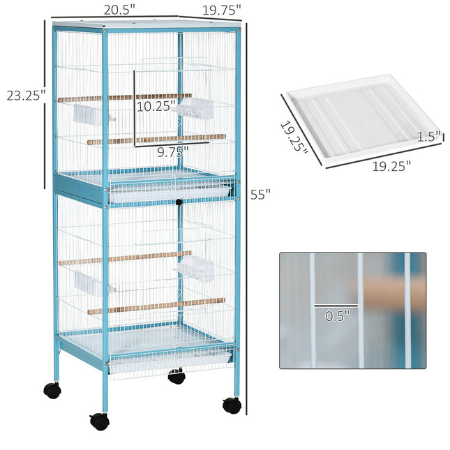 55inch 2 In 1 Bird Cage Aviary Parakeet House For Finches, Budgies With Wheels, Light Blue