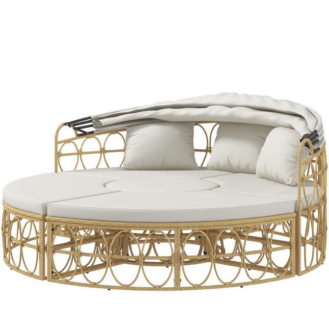 Patio Furniture Set, Round Outdoor Daybed with Retractable Canopy, Hollow Wicker PE Rattan Sectional Sofa with Washable Couch Cushions for Pool, Lawn, Cream White