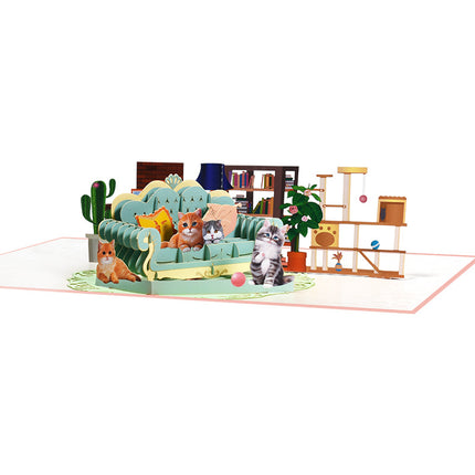 Kreatiewe Dier Groetekaartjie Kat 3D Handgemaakte Geskenk Op Sofa