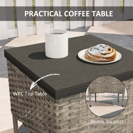 3-stuk Rietsitkamerstel, Buitenste PE Rattan-skudstoele met Koffietafel, Kussings vir Stoep, Grys