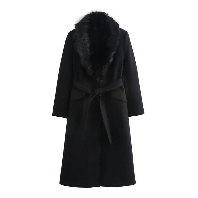 Women's Fashion Lace-up Fur Collar Woolen Coat