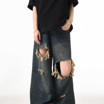 Couple Hole Worn Jeans Wide-leg Pants
