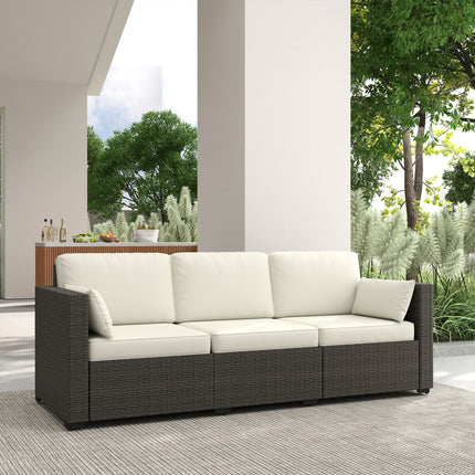 Patiobank PE Wicker Diepsit-buitebank met Verwyderbare Kussings, 3-sitplek Rattanbank, Buitemeubels vir Balkon, Dek, Tuin en Swembad, Roomwit