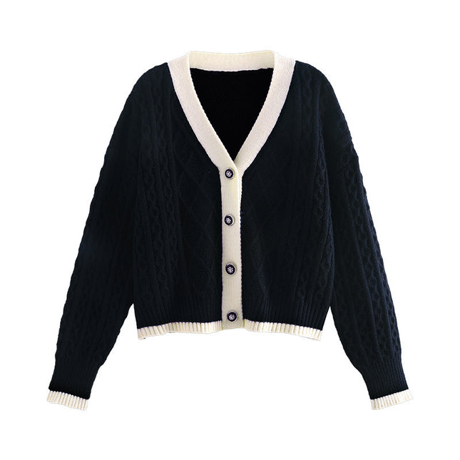 Retro Contrast Color V-neck Knitted Cardigan Women
