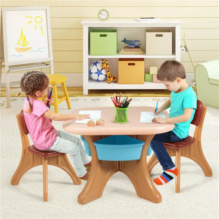 Bruin Kinder Tafel En 2 Stoele Stel Met 4 Bergingsbokse, Kleuteraktiwiteitstafel Vir Teken Speel Eet, Kinder Meubels Vir Binne Buite