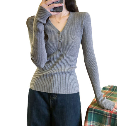 Waist-tight Slimming V-neckline Long-sleeved Women's Temperament Commute Pure Sweater
