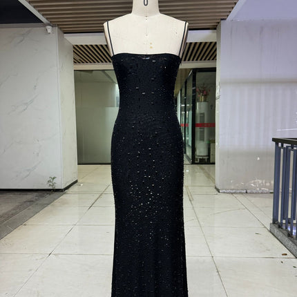 Elegant Nude & Black Sequin Spaghetti Strap Dress - High-End Luxury Slim Fit Long Dress For Parties, Birthdays & Special Occasions