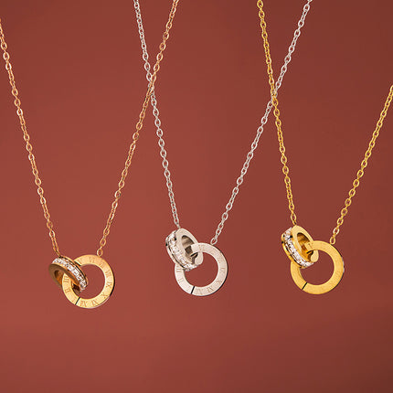 Modieuse Vlekvrye Staal Dubbelring Diamantbesaaide Halssnoer Vir Vroue