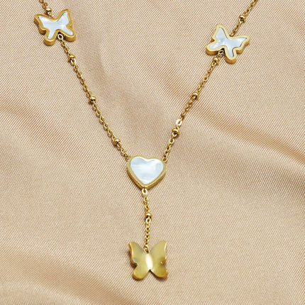 Lxalry 18K Gold Plated Stainless Steel Butterfly Jewelry Set  Hypoallergenic Tarnish Free Mirror Necklace   Earrings Symmetrical Wing Design With Heart Clasp, Skin Safe Luxury Gift For Her  Golden Ho