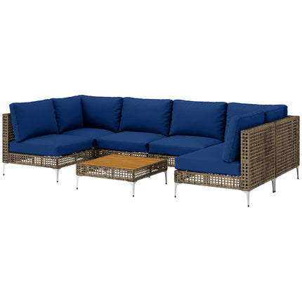 7-stuk Rattan Patio Meubelstel, Modulêre Buitelug-seksiebank met Verdikte Kussings, Akasiahouttafel, Bruin/Blou