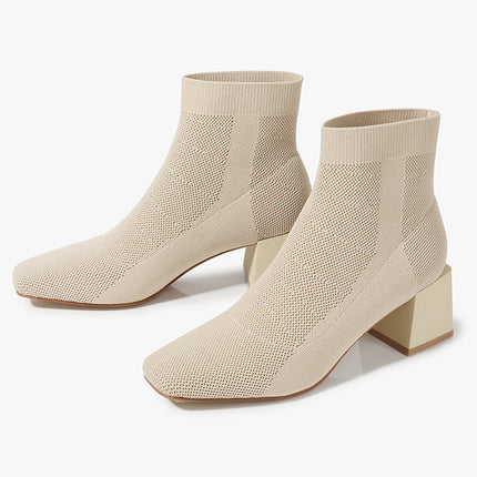 All-match Stretch Knitted High Heel Solid Color Chunky Heel Square Toe Booties Women