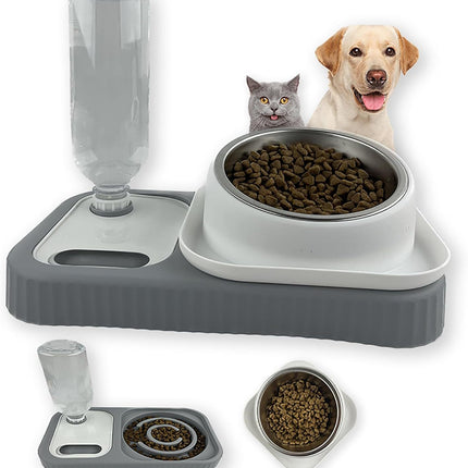 Cat Dog Food And Water Bowl Set Double Food Bowls With Automatic Gravity Water Bottle Raised Slow Feeder Detachable Stainless Steel Bowl 15Tilt Elevated No Spill Dispenser